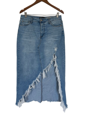 BCBGeneration Light Blue Fray Slit Maxi Denim Skirt Size 28 Festival Date Night